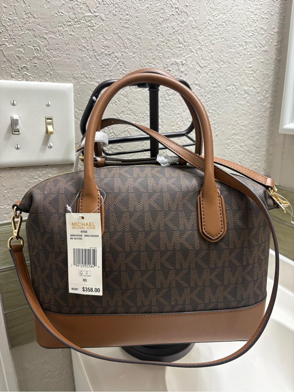 Michael Kors Brown Logo Satchel with Tan Trim NWT